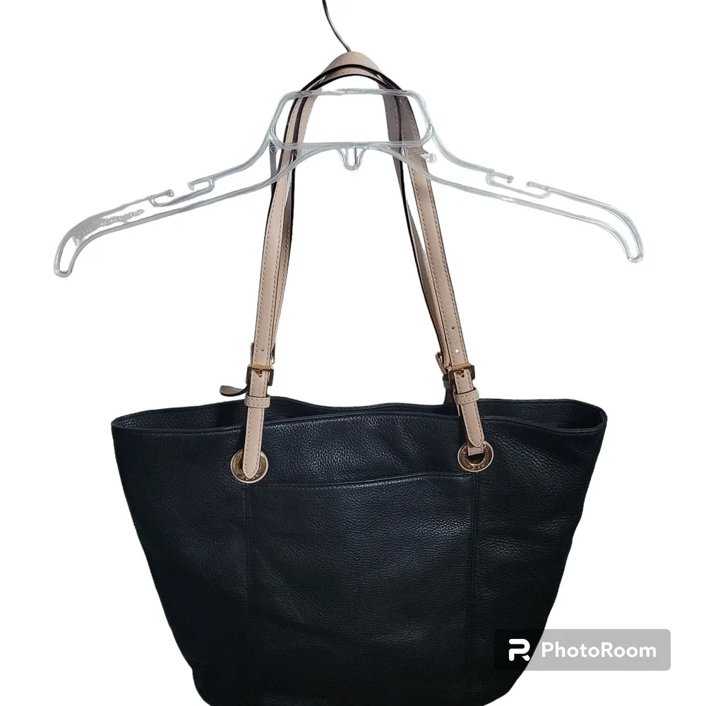Michael Kors Jet Set Large Black Leather Tote Handbag Beige Straps MK Logo‎ Snap